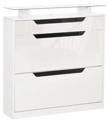 Produktbild von HOMCOM Schuhschrank mit 3 Schubladen Schuhregal Glasplatte Hochglanz+Weiß