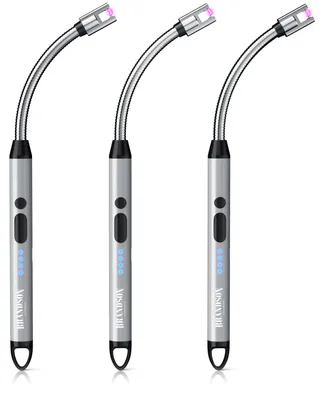 Produktbild von Brandson Lichtbogen-Feuerzeug 3er Set elektrisch mit USB-C-Ladung, flammenlos und winddicht, biegsamer Hals mit 26 cm Länge, Stabfeuerzeug, 3 Stück, silber-schwarz