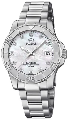 A silver Jaguar watch with a white mother-of-pearl dial and diamond hour markers.
