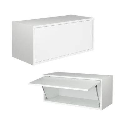 A white wall-mounted cabinet is shown in two states: closed and open.
