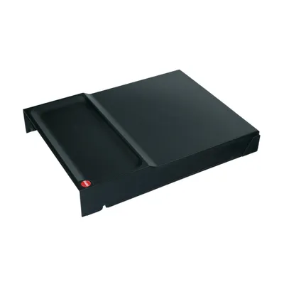 A black plastic lid for a trash can or similar container, shown from a slightly elevated side angle against a white background.