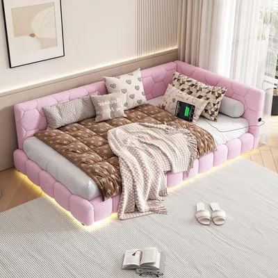 Zdjęcie produktu dla Łóżko dzienne Sweiko, łóżko dzienne 90x200 cm, rozkładana sofa, łóżko z listwowym stelażem (bez materaca), oświetlenie otoczenia w 16 kolorach, złącze USB, Type-C, wygodny materiał, imitacja polaru, różowy