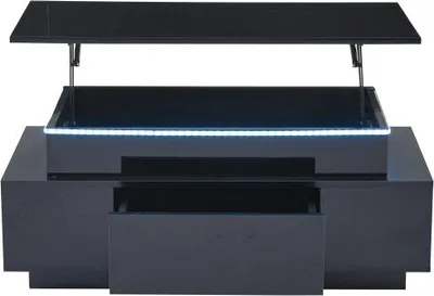 Produktbild von Schwarz Couchtisch 96x45x40 cm Hoehenverstellbar Mit Verstecktem Stauraum Schublade Hochglanz LED Wohnzimmertisch Fuer Buero Studium Party