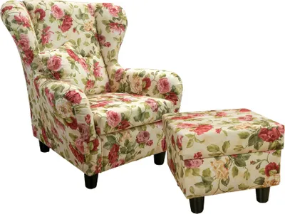 Produktbild von Ohrensessel mit Hocker Landhaus Polster-, TV-, Lesesessel Blumenmuster-Webstoff / 18004