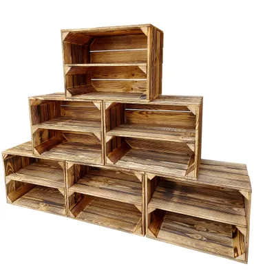 Produktbild von 6er Vintage Holzkisten Geflammte mit Regalbrett - 40x30x24 cm - Vintage Deko and Aufbewahrung