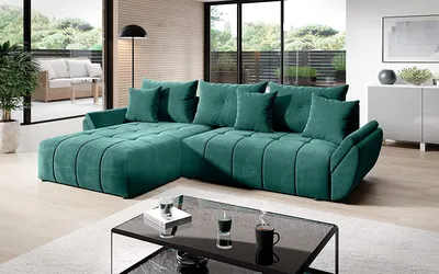 Produktbild von Vigo Velvet Monolith Ecksofa in L-Form 280 cm x 190 cm -  Schlafsofa mit Bettkasten - Couch mit Stauraum und Kissen - Sofa mit Schlaffunktion - Ausziehbares Schlafsofa - Farbe: Grün (M-37)