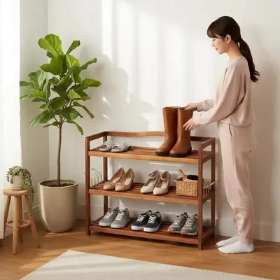 Zdjęcie produktu dla Trzypoziomowa półka na buty z drewna akacji z haczykami