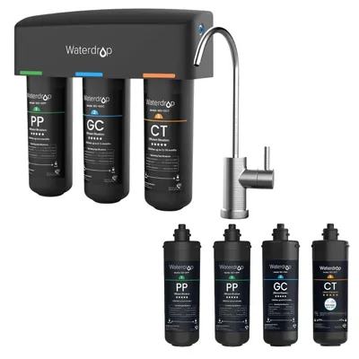 Immagine prodotto di Sistema di filtraggio dell'acqua Waterdrop TSB da installare sotto il lavello, con 1 set di filtri di ricambio (2*10PP, 1*10GC, 1*10CT)