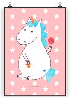 Produktbild von Mr. & Mrs. Panda Bild Einhorn Baby DIN A3 - Rot Pastell - Geschenk, Unicorn, Eltern, Wanddekoration, Geburtstag, Mutter, Kunstdruck, Einhörner, Party, wanddeko, drucke