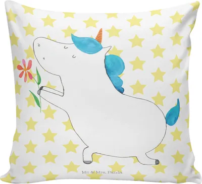 Produktbild von Mr. & Mrs. Panda Dekokissen Einhorn Blume - Weiß - Geschenk, Heiraten, Deko Kissen, Kuschel, Partner, Liebe, Unicorn, für sofa, zierkissen 40x40, Einhörner