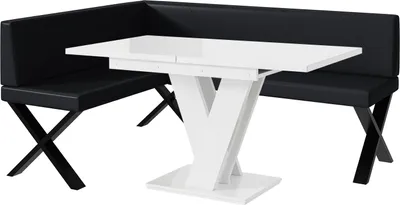 Produktbild von MEBLINI Eckbank für Esszimmer mit ausziehbarem Tisch  - Küchenbank - Essecke - Sitzecke Küche - ERIC - X-Beine 128x168x87cm Links - Schwarz Kunstleder/M Weiß Hochgl.