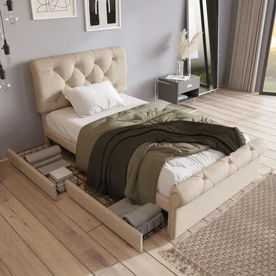 Obrázek produktu pro Přírodní čalouněná postel s výškově nastavitelným čelem a 2 zásuvkami, design Chesterfield, bez matrace, rám postele, 90x200 cm