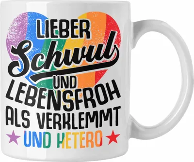 Produktbild von Trendation - LGBT Tasse Geschenk für Schwule Lesben Transgender Regenbogen Lustige Grafik Regenbogen LIeber Schwul Und Hetero Als Verklemmt und Hetero (Weiß)