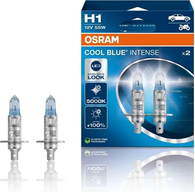 Product packaging for OSRAM H1 Cool Blue Intense headlight bulbs, with two bulbs shown.