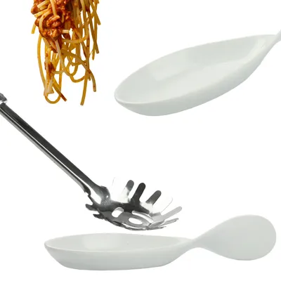Zdjęcie produktu dla Zestaw łyżka do spaghetti 28 cm ze stali nierdzewnej + podstawka na łyżkę 23 cm porcelana