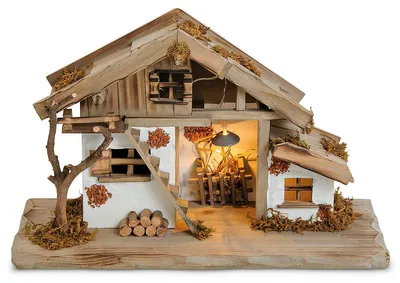 Produktbild von Große Echtholz Weihnachtskrippe mit Beleuchtung in 39 x 23 x 19cm