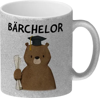 Produktbild von Bär mit Doktorhut Glitzer-Kaffeebecher mit Spruch Bärchelor