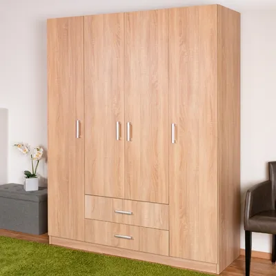 Produktbild von 160 cm breiter Kleiderschrank mit 4 Türen, 11 Fächern und 2 Schubladen | Farbe: Sonoma Eiche | Tiefe: 53 cm