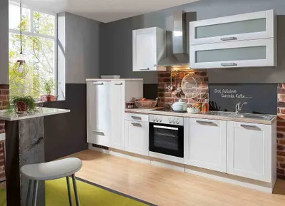 Produktbild von Menke Möbelfabrik Küchenzeile Landhaus, Lacklaminat weiß White Premium, 300 cm, 14-teilig, inkl. Elektrogeräte, Glaskeramik Kochfeld 60 cm wechselbar