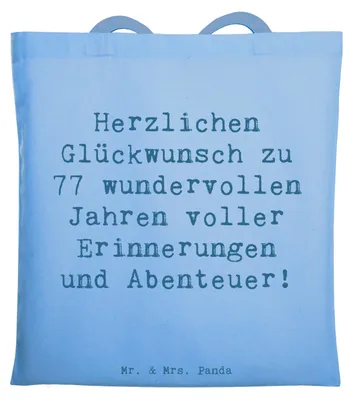 Produktbild von Mr. & Mrs. Panda Jutebeutel Spruch 77. Geburtstag - Sky Blue - Geschenk, Meilenstein, Tote Bag, herzlichen Glückwunsch, besonderes, Lebensfreude, Einkaufstasche, Alter