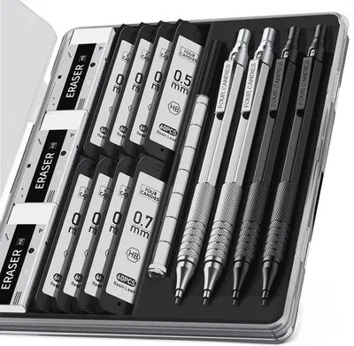 Obrázok produktu pre Sada kovových ceruziek 0,5 mm a 0,7 mm s náplňou a gumou