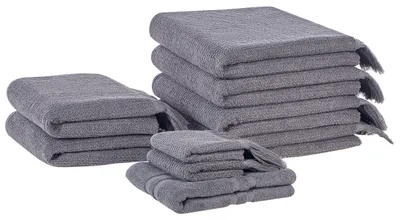 Produktbild von BELIANI Handtuch-Set mit Badematte Grau Baumwolle und Polyester 9-teilig mit Fransen Modern Saugfähig Schnelltrocknend Ringgesponnen für Badezimmer