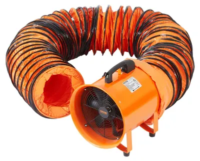 An orange industrial fan with a flexible orange and black duct attached, shown against a white background.