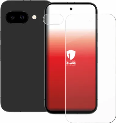 A black smartphone case and a screen protector are displayed.