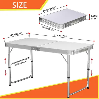 Obrázok produktu pre Skladací, prenosný stolík, hliník, 120 x 60 cm, výška nastaviteľná 70/62/55 cm, vhodný pre 4 osoby, kompaktný, skladacie prevedenie