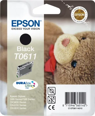 Produktbild von Epson Teddybear Singlepack Black T0611 DURABrite Ultra Ink, Schwarz, Tinte auf Pigmentbasis, 8 ml, 1 Stück(e), Einzelpackung