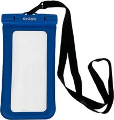 A blue waterproof pouch with a black lanyard.