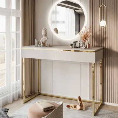 Produktbild von AURORA GOLD Schminktisch auf einem goldenen Gestell Kaschmir mit Spiegel