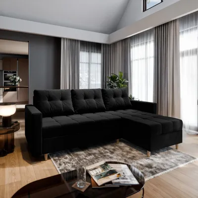 Zdjęcie produktu dla Masseno Narożnik MILO L z funkcją spania i pojemnikiem na pościel Kształt L, Rozkładana sofa, Rogówka - Czarny, KRONOS 07