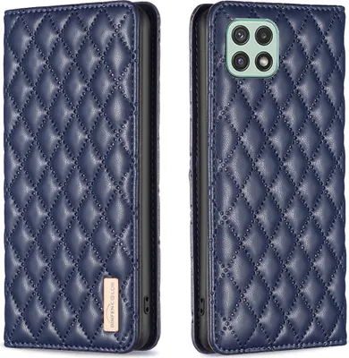 A navy blue quilted leather flip case for a smartphone, shown from two angles.