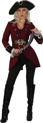 A woman dressed in a pirate costume, holding a sword.