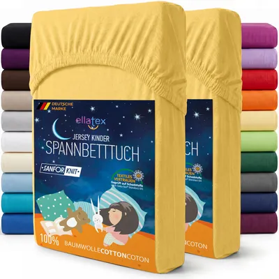 Produktbild von EllaTex 2er Pack Jersey Kinder Spannbettlaken 70x140 Baumwolle – Spannbetttücher Set für Babybett & Kinderbett, Farbe: Gelb