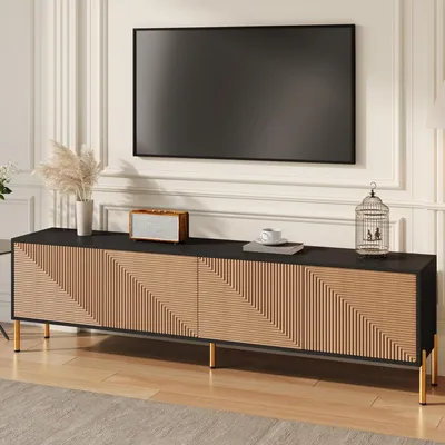 Produktbild von Merax TV-Schrank mit 4 Türen und goldene Füße, moderner TV Ständer im Farbblock-Design, TV-Lowboard mit grifflose Design, schwarz + natur