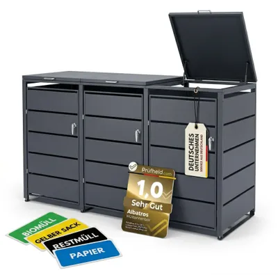 Produktbild von Albatros Mülltonnenbox 3er Tonne | bis 240 Liter | Anthrazitgrau RAL 7016 | verzinkter Stahl | Premium Dämpfer| Aufkleber-Set | wetterfest| verstellbare Füße| Türgriff mit Schloss | Gartenbox | entwickelt in Deutschland
