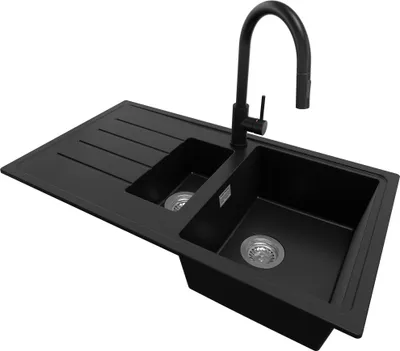 Produktbild von PRIMAGRAN Granitspüle Schwarz 90x50cm, Spülbecken 1,5 Becken + Küchenarmatur 40x20cm + Ablauf-Set, Küchenspüle ab 60er Unterschrank - Kopenhagen Duo