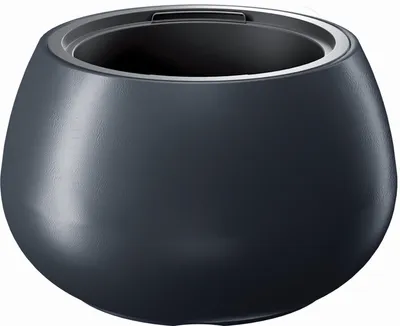 A dark gray, round planter with a silver rim is shown against a white background.