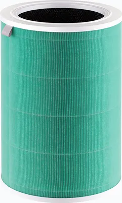 A cylindrical air purifier filter, colored green with white top and bottom rims, against a white background.