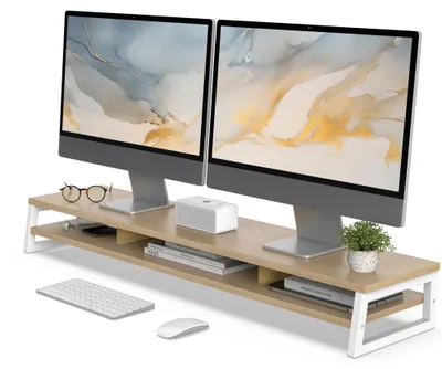 Produktbild von Doppelter Monitorständer, höhenverstellbar, 108 cm, ergonomisches Design, Tragfähigkeit 45 kg (Eiche)