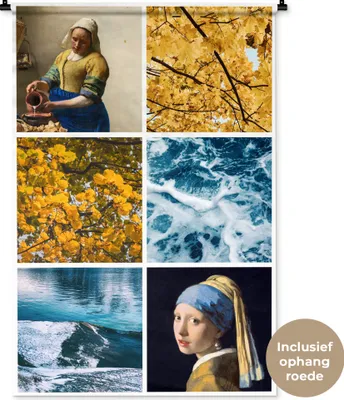 Produktbild von MuchoWow® Wandteppich Wandbehang Vermeer - Collage - Natur 90x135 cm Tapisserie Dekoration Wandtuch - Baumwolle - Wandskulptur
