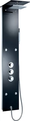 Produktbild von Stilform Duschpaneel Glas Schwarz Thermostat 150x25x8 cm 2 Einhängeschienen DIN Anschlüsse 8mm gehärtetes Sicherheitsglas Regenwaldduschkopf mit 100 Antikalkdüsen