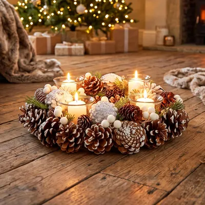 Weihnachtlicher Tafelkranz mit Tannenzapfen, 32 cm, grün-rot