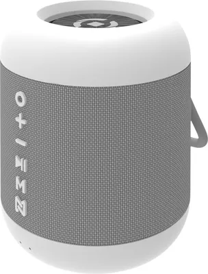A white and gray portable speaker with buttons on the side.