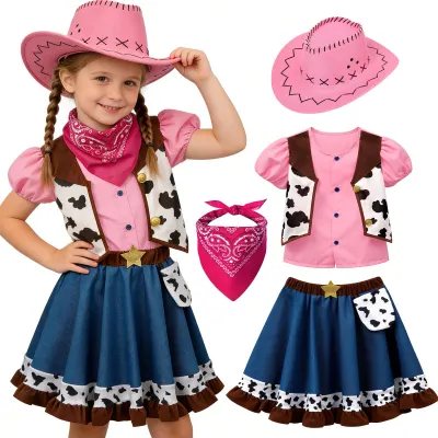 Immagine prodotto di Costume da cowboy western per bambini, bambine, colore rosa, taglia 130 cm, adatto a bambini di 7-8 anni, costume per carnevale