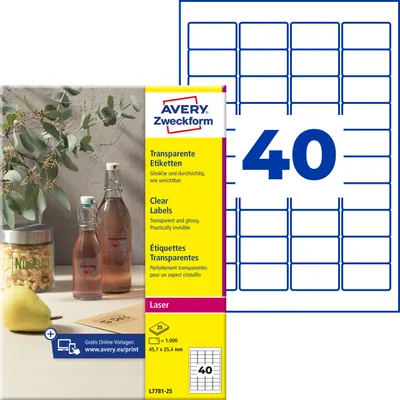 Produktbild von Avery Zweckform L7781-25, Transparente Etiketten, A4, 45,7 x 25,4 mm, 1.000 Etiketten / 25 Bögen, transparent