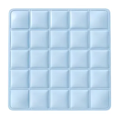 A light blue pet cooling mat with a grid of square indentations, presented on a white background.