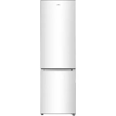 A full-front view of a white refrigerator.